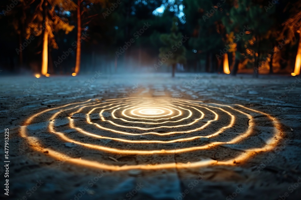 Poster a mesmerizing glowing circle pattern on the ground in a serene forest setting, enhanced by soft ligh