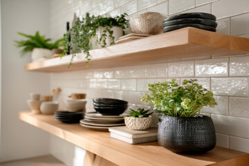 Kitchen with open wooden shelves and ceramic dishware
