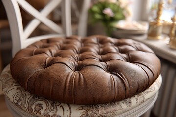 Naklejka premium Close-up of a luxurious brown leather cushion on a decorative chair, showcasing intricate button detailing and a soft, inviting texture, with a blurred background.
