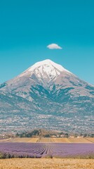 Fototapeta premium A majestic snow-capped mountain peak stands tall above a vibrant purple lavender field stretching towards a distant village under a clear blue sky.