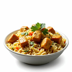 A bowl of chicken biryani with flavorful spices on a transparent background  