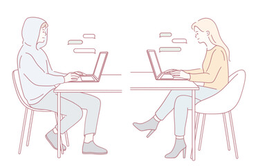 Illustration of two individuals working on laptops, highlighting remote collaboration and digital communication.