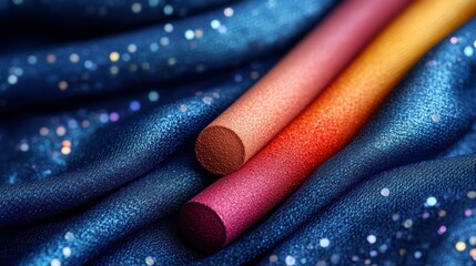 Two colorful cylindrical objects on dark blue fabric