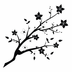 Black Silhouette of Blooming Tree Branch with Flowers and Leaves Illustration Artwork
