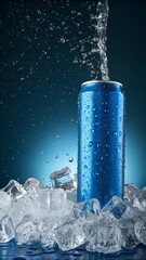 Blue soda can mockup on ice cubes with water droplets and refreshing effect