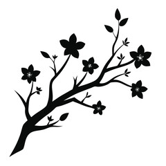 Black Silhouette of Blooming Branch Featuring Flowers and Leaves, Nature Inspired Illustration