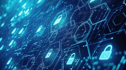 Conceptual image with glowing digital lock icons on a tech background