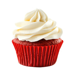 Delicious Red Velvet Cupcake with Cream Cheese Frosting in a Bright Red Wrapper on transparent background