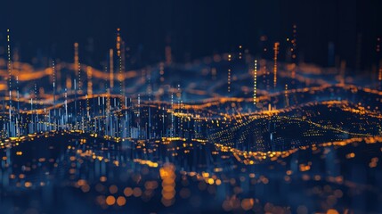 Abstract digital landscape with wave-like structures and glowing particles