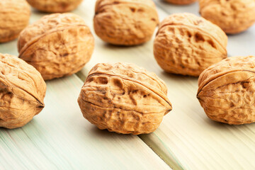 walnuts group on wood background
