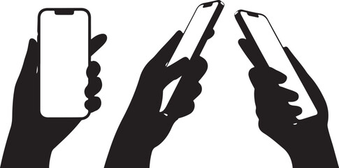 Hands holding a phone in horizontal and vertical positions. Blank screen smartphone for message or photo in various positions.
