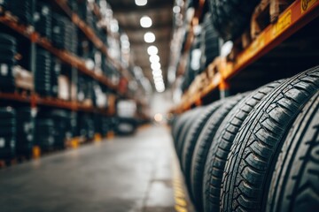 Obraz premium A wide angle view of tires arranged in a warehouse, showcasing a supply chain, tires are organized on shelves in a well-lit storage facility, ready for distribution.