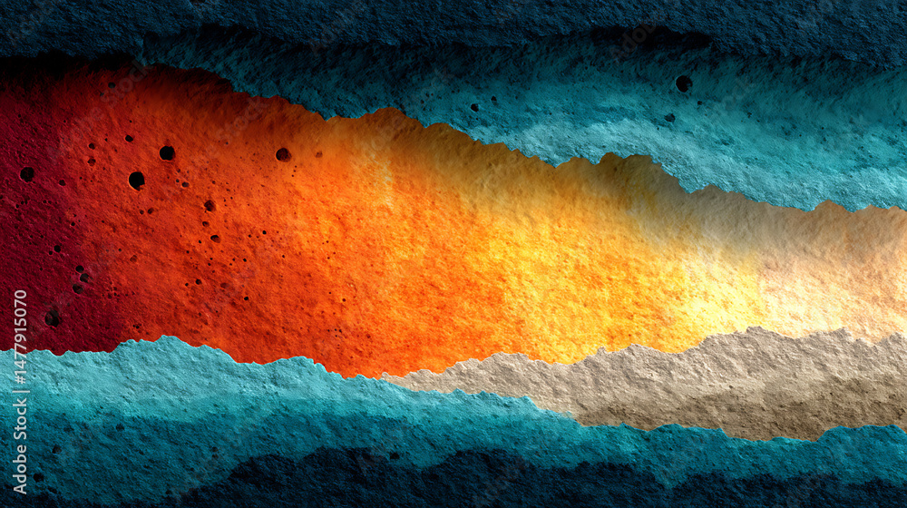 Poster abstract rough textured background with vibrant orange and blue layers showing a raw landscape with 