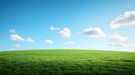 Lush Green Field Under Clear Blue Sky with White Puffs of Clouds