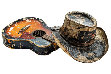 Weathered acoustic guitar and worn leather hat Still life musical instruments and vintage fashion accessories black background