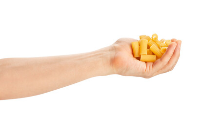 pasta rigatoni in hand path isolated on white