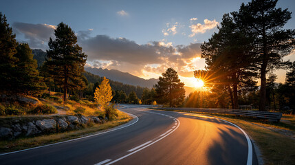 Obraz premium Winding road embraces golden sunset glow