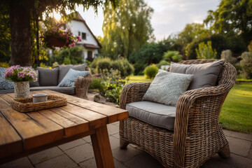 Fototapeta premium Cozy garden lounge with rattan armchairs and wooden table