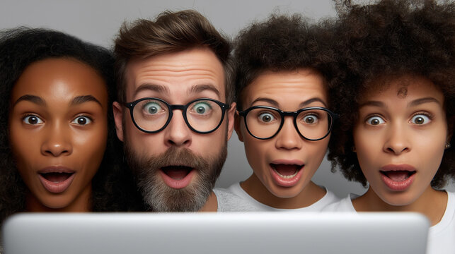 Gruppe &uuml;berraschter Menschen verschiedener Ethnien schauen gemeinsam auf einen Computerbildschirm