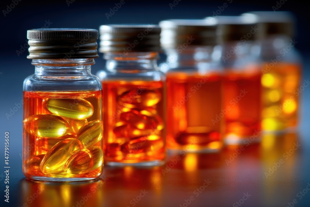 Poster a row of small glass bottles filled with liquid and pills, creating a vibrant visual display, showca
