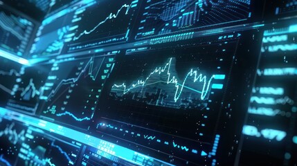 A close-up shot shows numerous screens with blue-toned graphs, depicting stock fluctuations