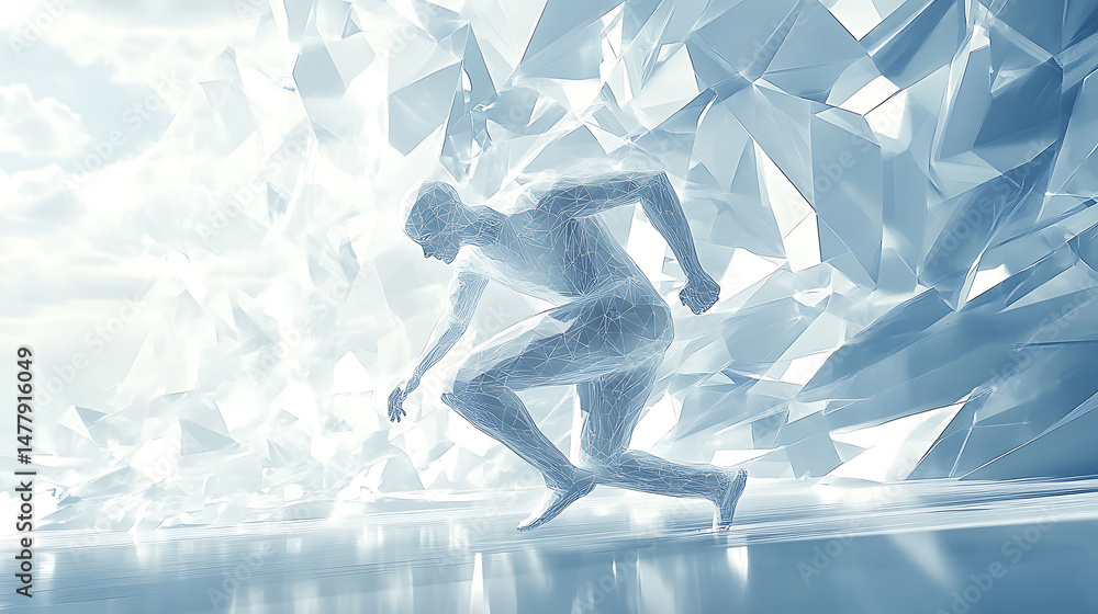 Poster abstract runner polygon mesh figure with shattered glass and light effects on reflective surface con