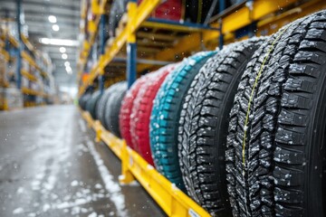 A set of colorful winter tires lined up in a warehouse, ready for installation, with snow falling gently, resting on yellow shelves and ready for transport to customers.
