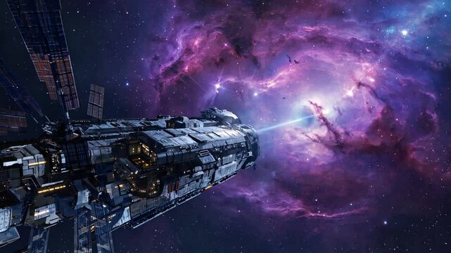 A majestic 3D animation of a spaceship gliding through a vivid nebula in deep space. Rich purples and celestial light create a dreamlike sci-fi visual atmosphere. Purple background
