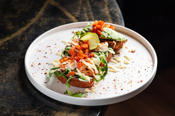 Open Chicken Sandwich with Avocado & Chickpeas – Toasted bread topped with grilled chicken...