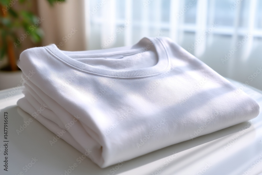 Poster a neatly folded stack of plain white t-shirts on a bright surface, bathed in natural light from a ne