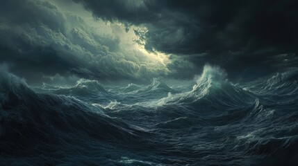 Fototapeta premium Rough ocean waves crash under dark storm clouds. Dramatic sea surface, intense sky, foamy peaks and swirling water textures captured during weather turmoil. Generative by AI