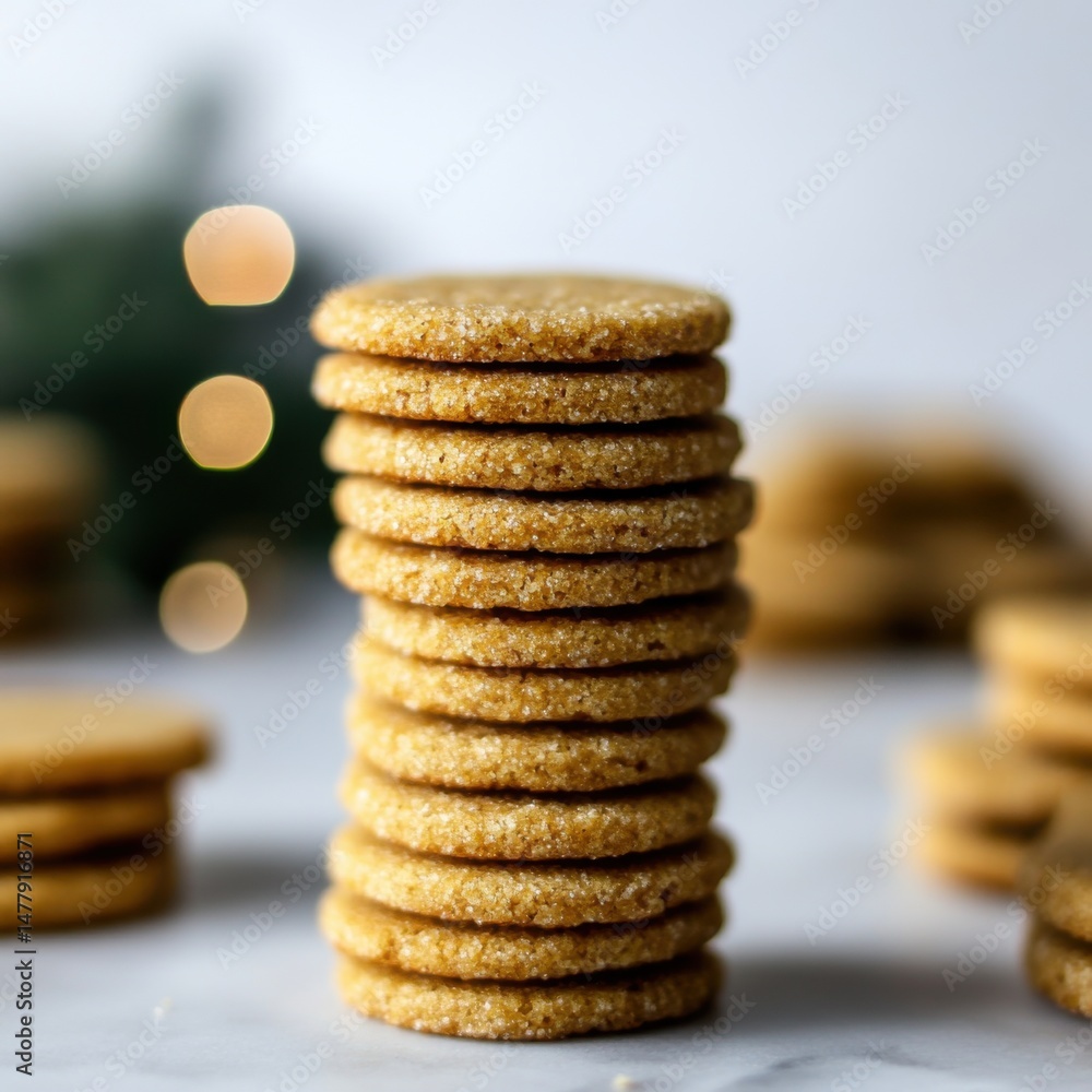 Poster stack of ginger snap cookies on marble surface in studio shot with holiday bokeh lights and shallow 