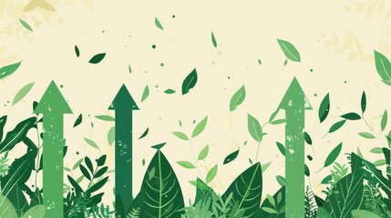 Green arrows pointing upwards surrounded by leaves, representing growth, nature, and progress, against light background