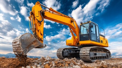 Yellow excavator digging earth construction site