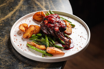 Duck Leg with Berry Sauce – Tender roasted duck leg topped with rich berry reduction, served with golden baby potatoes and sautéed green beans.
