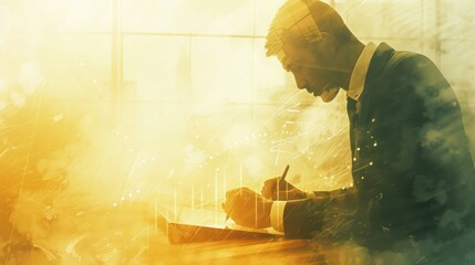 A man in a suit intently writes on a surface near a window, bathed in yellow hues