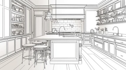 Detailed architectural kitchen design sketch.