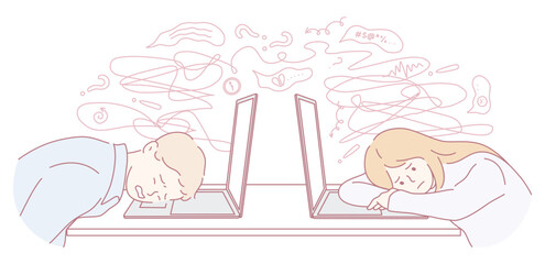 An illustration of two individuals overwhelmed by technology and constant information overload in daily life