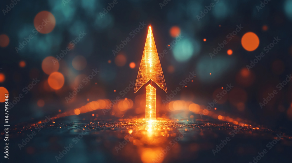Poster arrow pointing up concept for business growth and success with glowing light and bokeh background