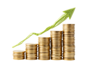 Stacked Gold Coins with Upward Green Arrow - Financial Growth Investment Concept for Business Success and Profit Increase - Isolated on Transparent Background