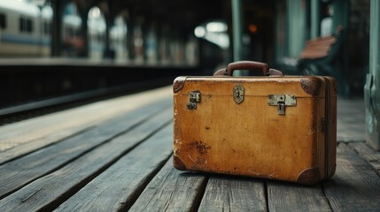 Worn leather suitcase standing on wooden train platform, with empty rails and distant station buildings in background. Nostalgic travel scene. Generative Ai