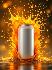 White can with orange splash explosion and energetic yellow-orange background