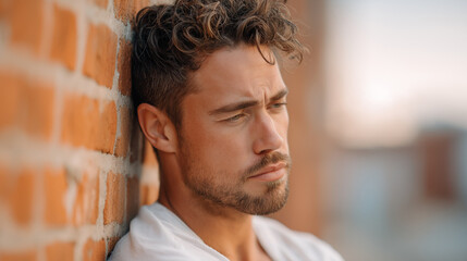 Man with pensive expression leaning against brick wall