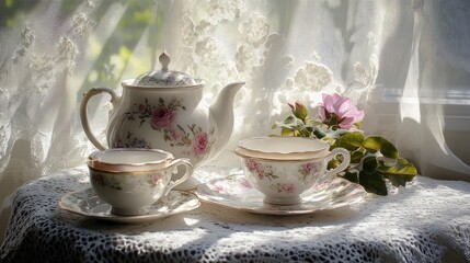 Fototapeta premium Floral teapots and teacup on lace-covered round table. Warm morning light and soft indoor setting evoke cozy, traditional tea time. Generative Ai