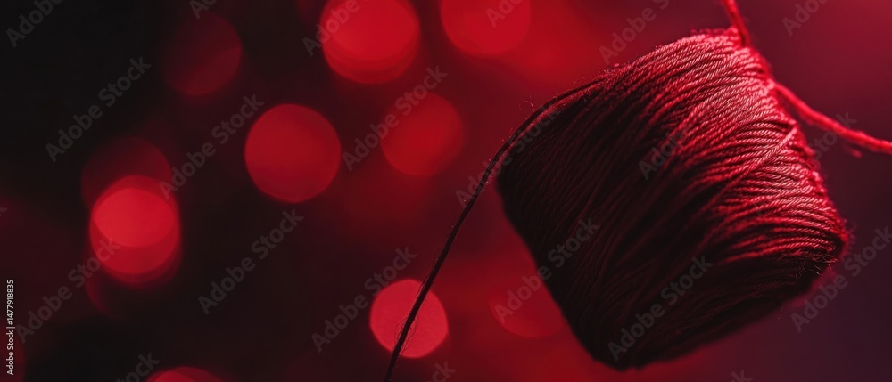 Aufkleber close-up of red thread spool with bokeh lights in background studio shot macro photography