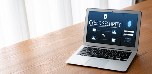 Fototapeta na wymiar Cyber security system on computer screen protect private information snugly from hacker and cyber attack