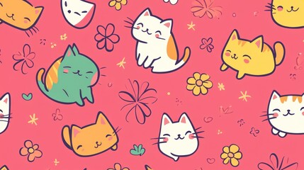 Cute cartoon cats and flowers on a pink background