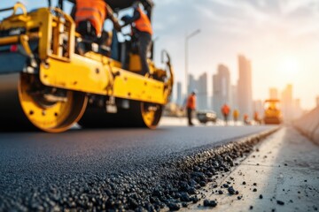 Close-up of asphalt road construction with heavy machinery in the urban landscape, demonstrating roadwork with workers and skyline in the background during sunset.