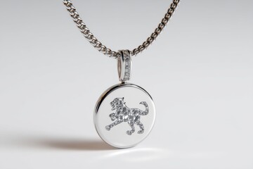 Elegant pendant necklace showcasing a diamond-studded tiger on a sleek silver medallion, suspended from a delicate chain. The jewel reflects luxury and sophistication.