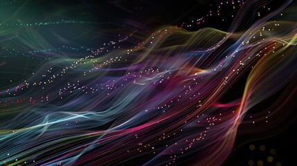 A mesmerizing abstract artwork with flowing, colorful waves and scattered particles